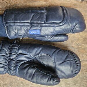 80s VTG Conroy Ladies Leather Mittens Made in Japan Navy Blue Quilted Ski M/L
